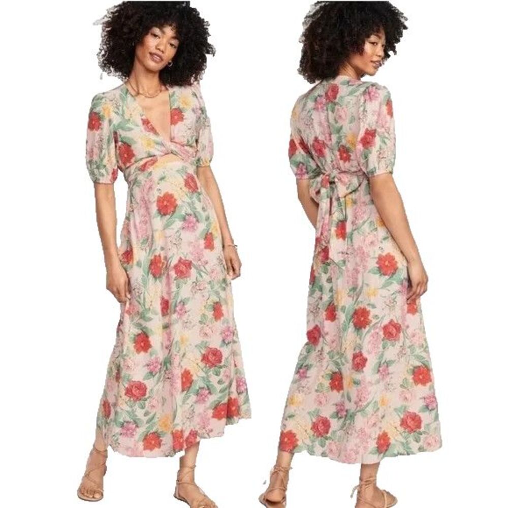 Old navy Fit & Flare Linen-Blend Maxi Dress Floral Twist Front Puff Sleev Size L